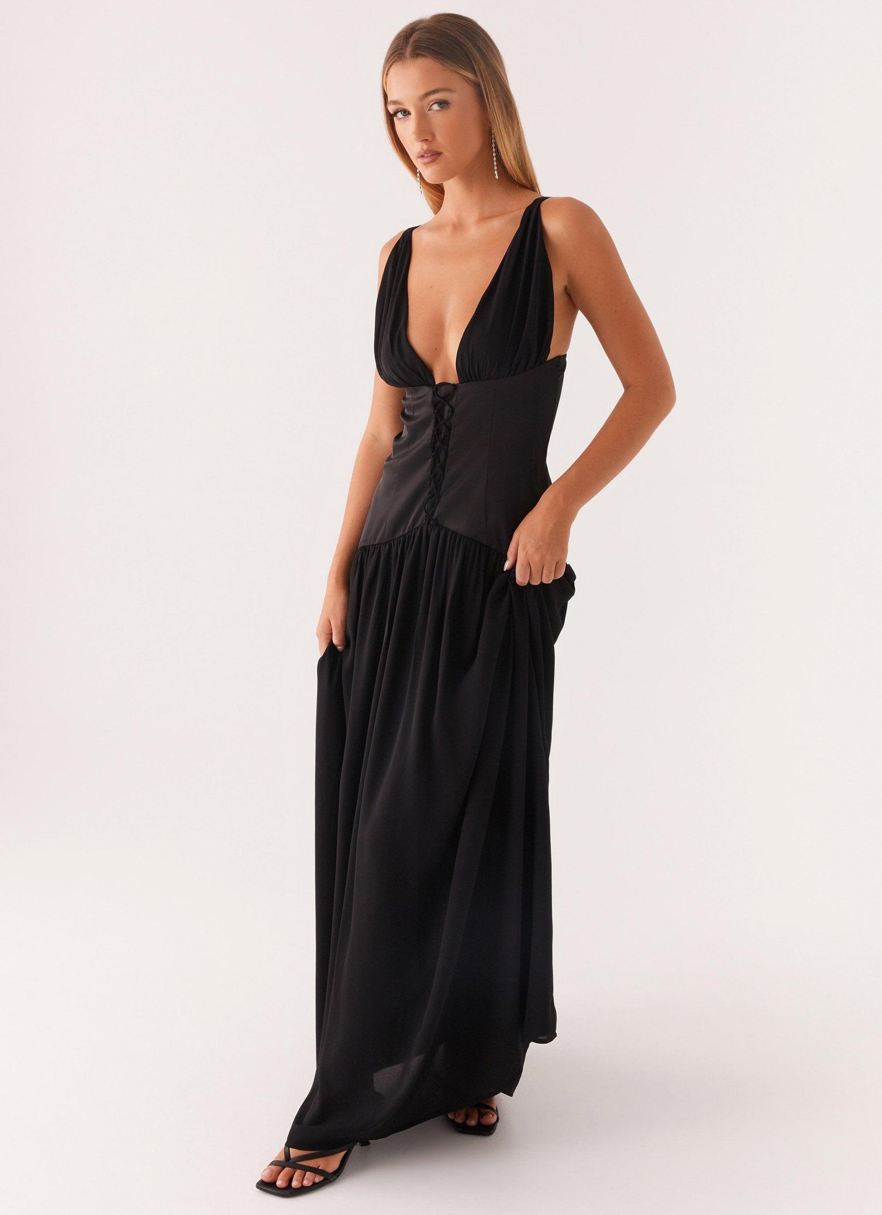 Dafina Satin Maxi Dress - Black Product Image