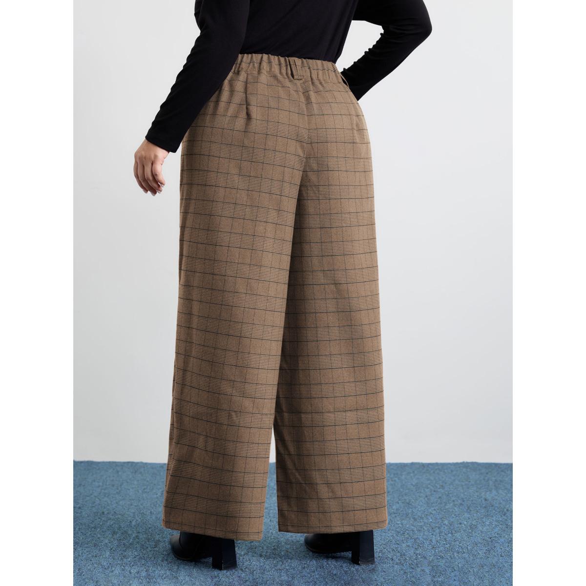 Plus Size Checkered Stretchy Waist Pants Women LightBrown Office Loose Mid Rise Office Pants BloomChic 26/4X Product Image
