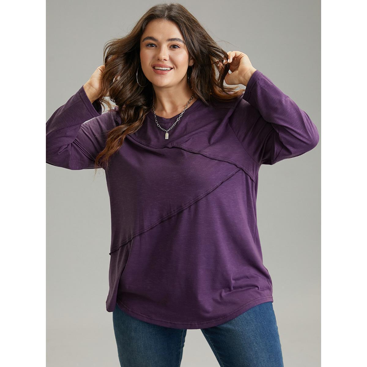 Plus Size Solid Pleated Round Neck T-shirt Purple Women Casual Plain Plain Round Neck Dailywear T-shirts BloomChic 10/M Product Image