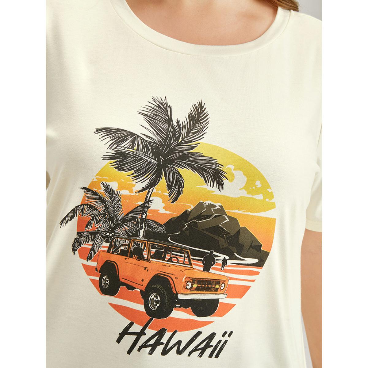 Plus Size Coconut Tree & Car Print Crew Neck T-shirt Beige Women Casual Tropical Dailywear T-shirts BloomChic 12/L Product Image