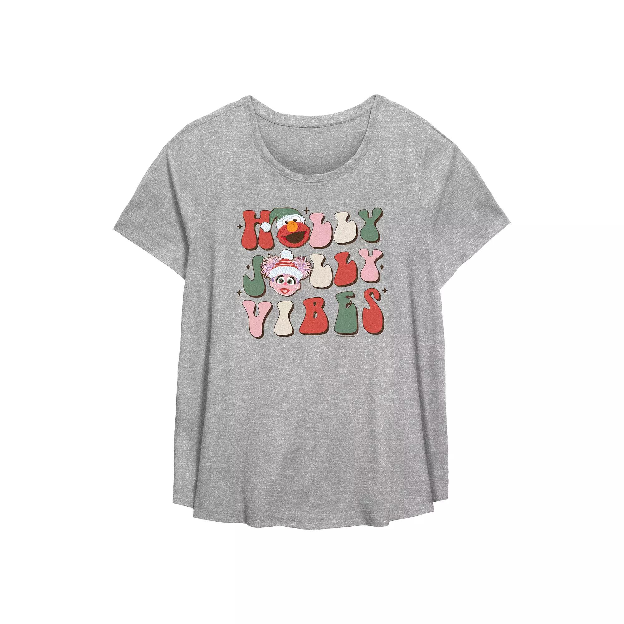 Plus Size PBS Kids Sesame Street Elmo And Abby Cadabby Holly Jolly Vibes Flowy Graphic Tee, Women's, Size: 5XL, Grey Gray Product Image