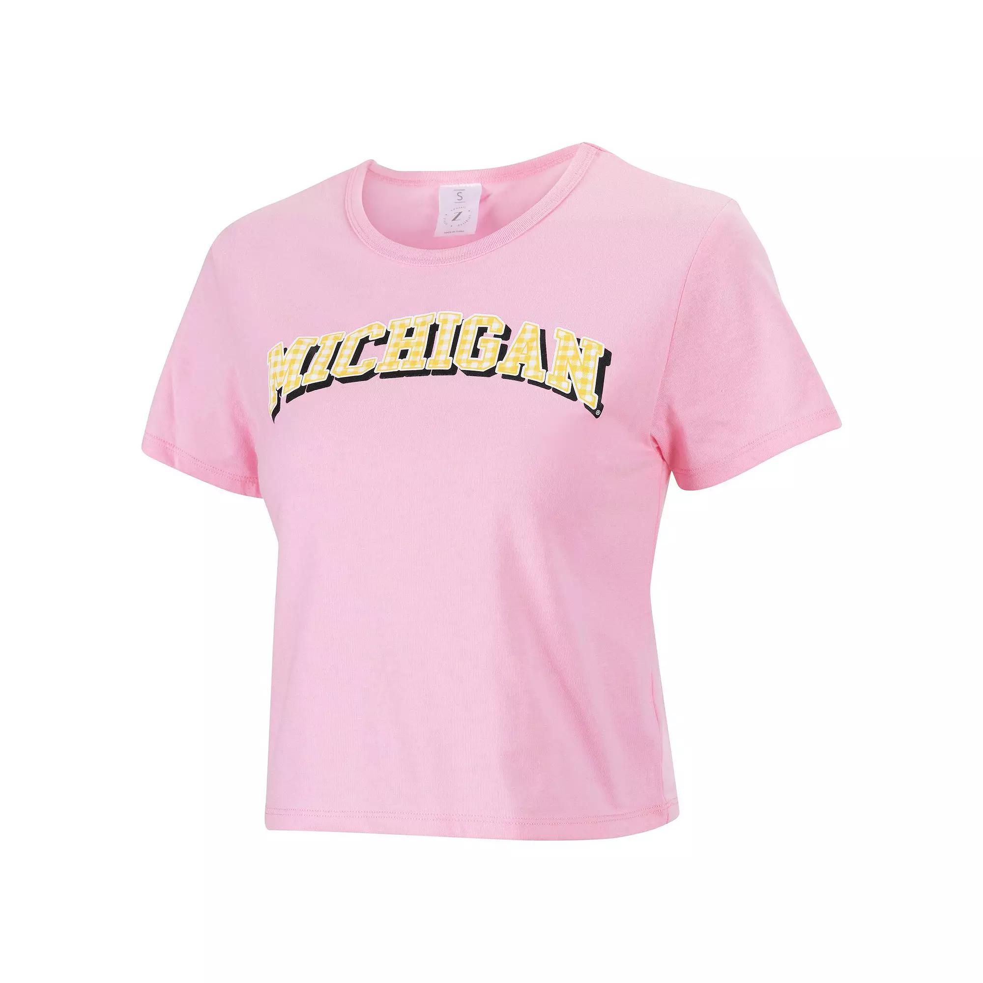 Women's ZooZatz Pink Michigan Wolverines Gingham Logo Cropped T-Shirt,  Product Image