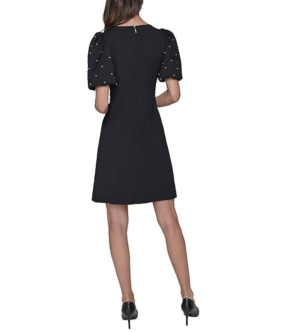 KARL LAGERFELD PARIS Dotted Scuba Crepe Round Neck Short Puff Sleeve Pearl Bow Sheath Dress Product Image