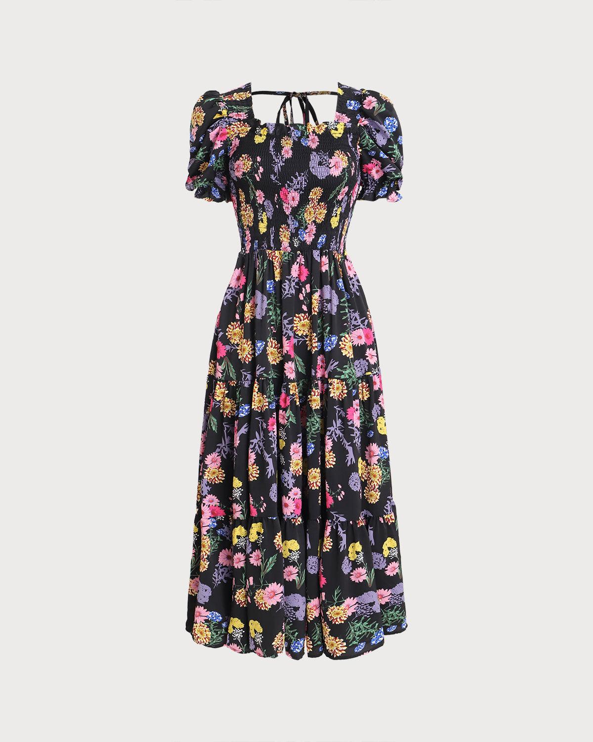 Black Floral Square Neck Shirred Maxi Dress Product Image