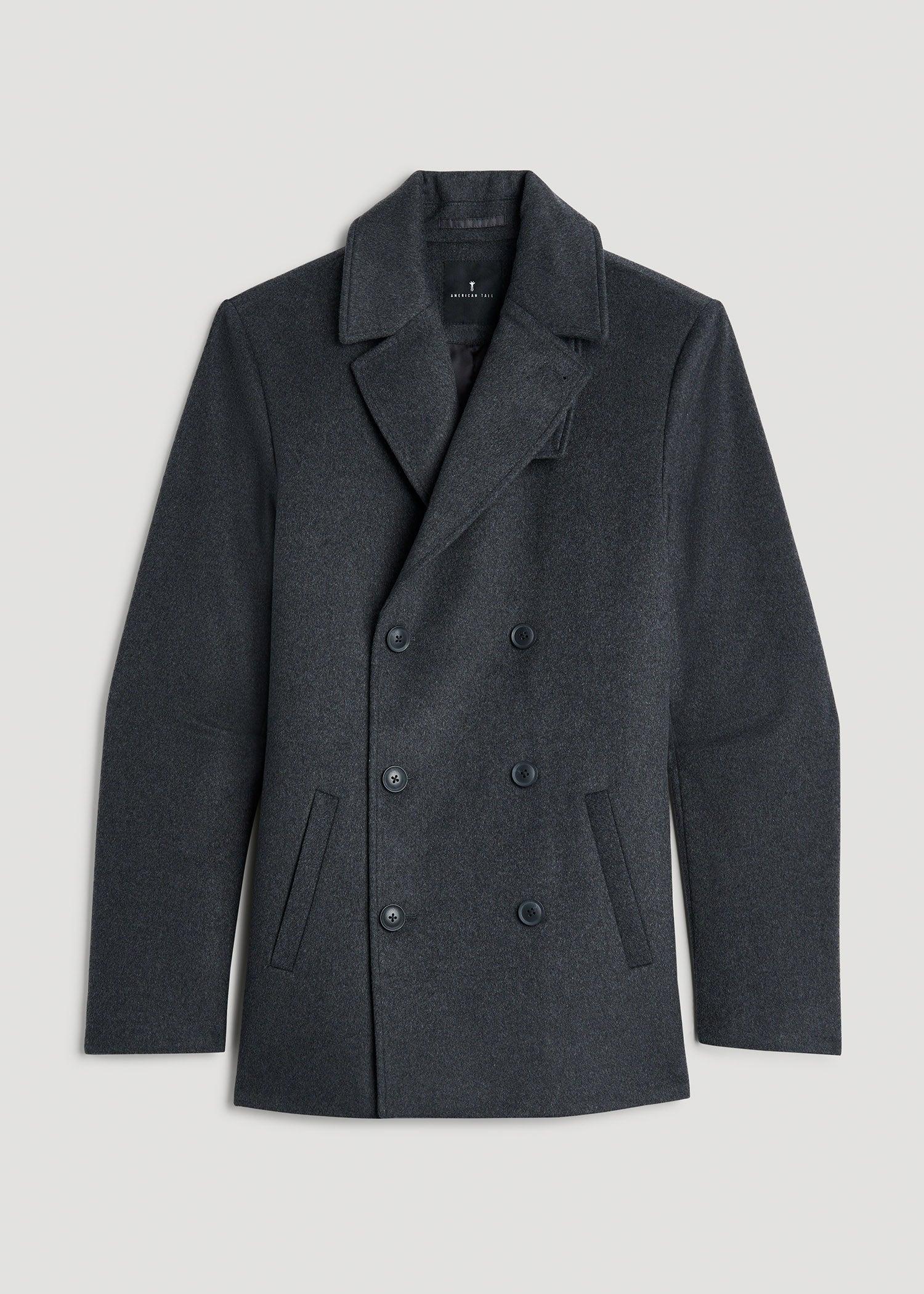 Double-Breasted Wool Peacoat for Tall Men in Dark Grey Mix Male Product Image