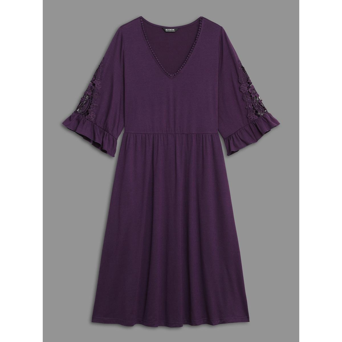 Plus Size V Neck Plain Crochet Lace Mesh Dress Deeppurple Women Elegant Woven ribbon&lace trim Knit Dresses Bloomchic 12/L Product Image