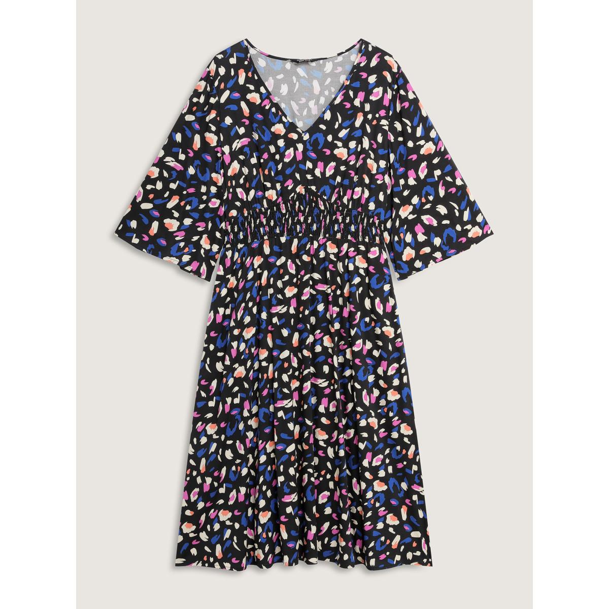 Plus Size Leopard Print Shirred Waist V-Neck Midi Dress Black Women Playful Shirred V-neck Elbow-length sleeve Curvy BloomChic 18-20/2X Product Image