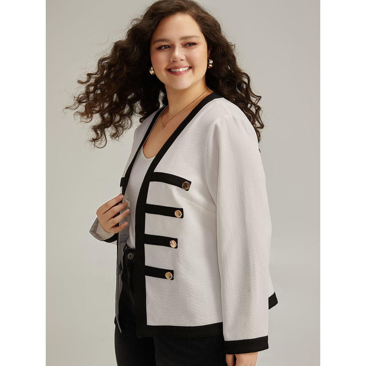 Plus Size Striped Patchwork Button Detail Contrast Jacket Women White Casual Contrast Ladies Dailywear Winter Coats BloomChic 14-16/1X Product Image