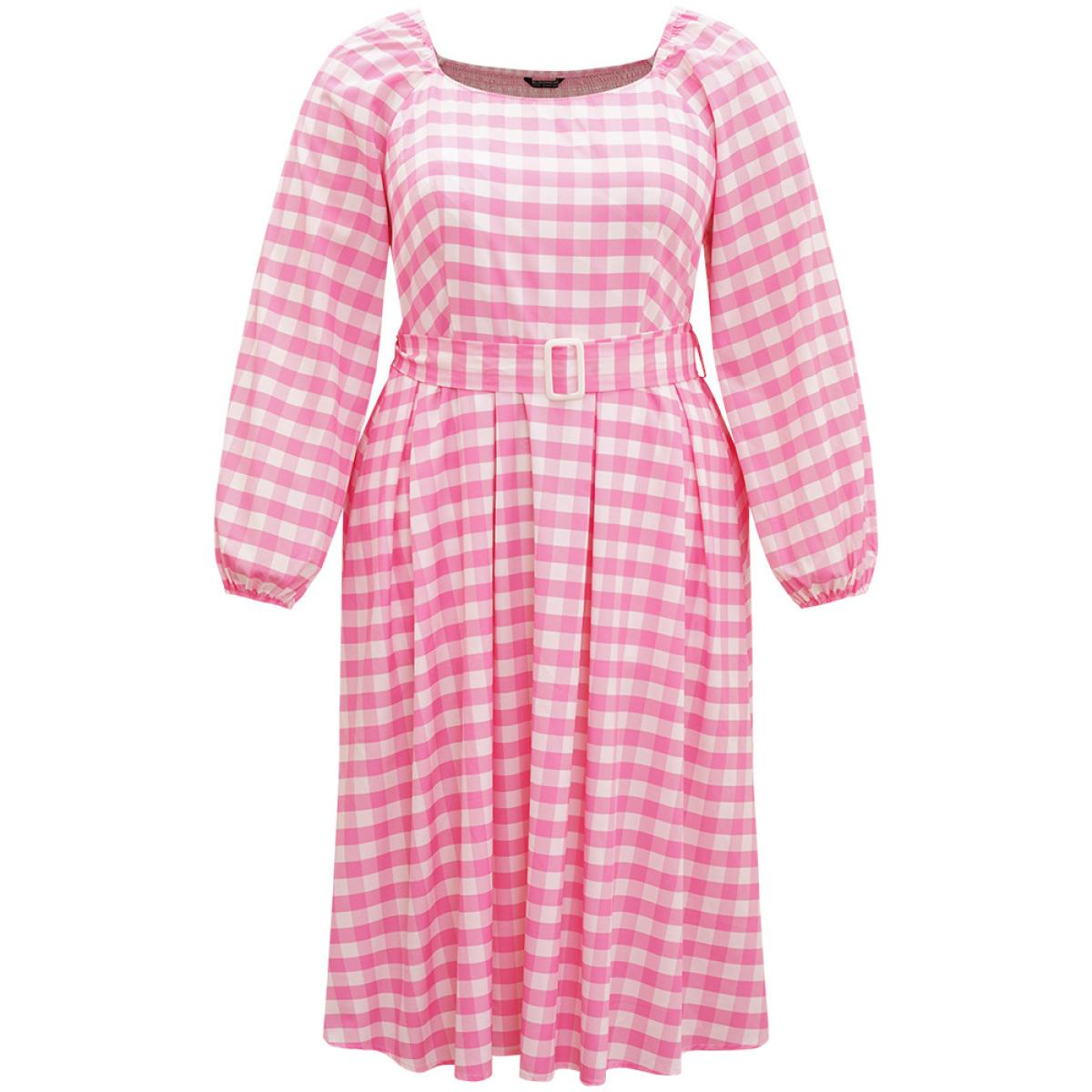 Plus Size Halloween Plaid Print Belted Square Neck Lantern Sleeve Dress Pink Women Elegant Elastic cuffs Square Neck Long Sleeve Curvy Midi Dress BloomChic 30/6X Product Image