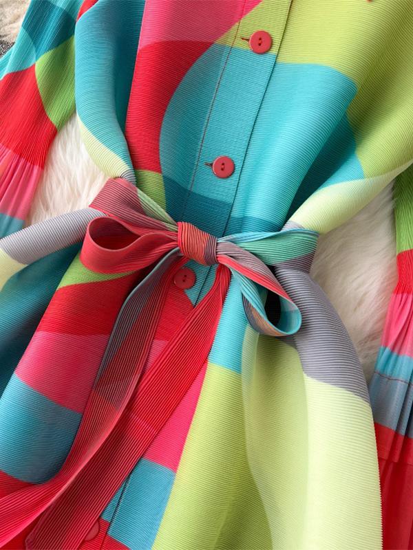 Flared Sleeves Loose Belted Contrast Color Pleated Midi Dresses Product Image