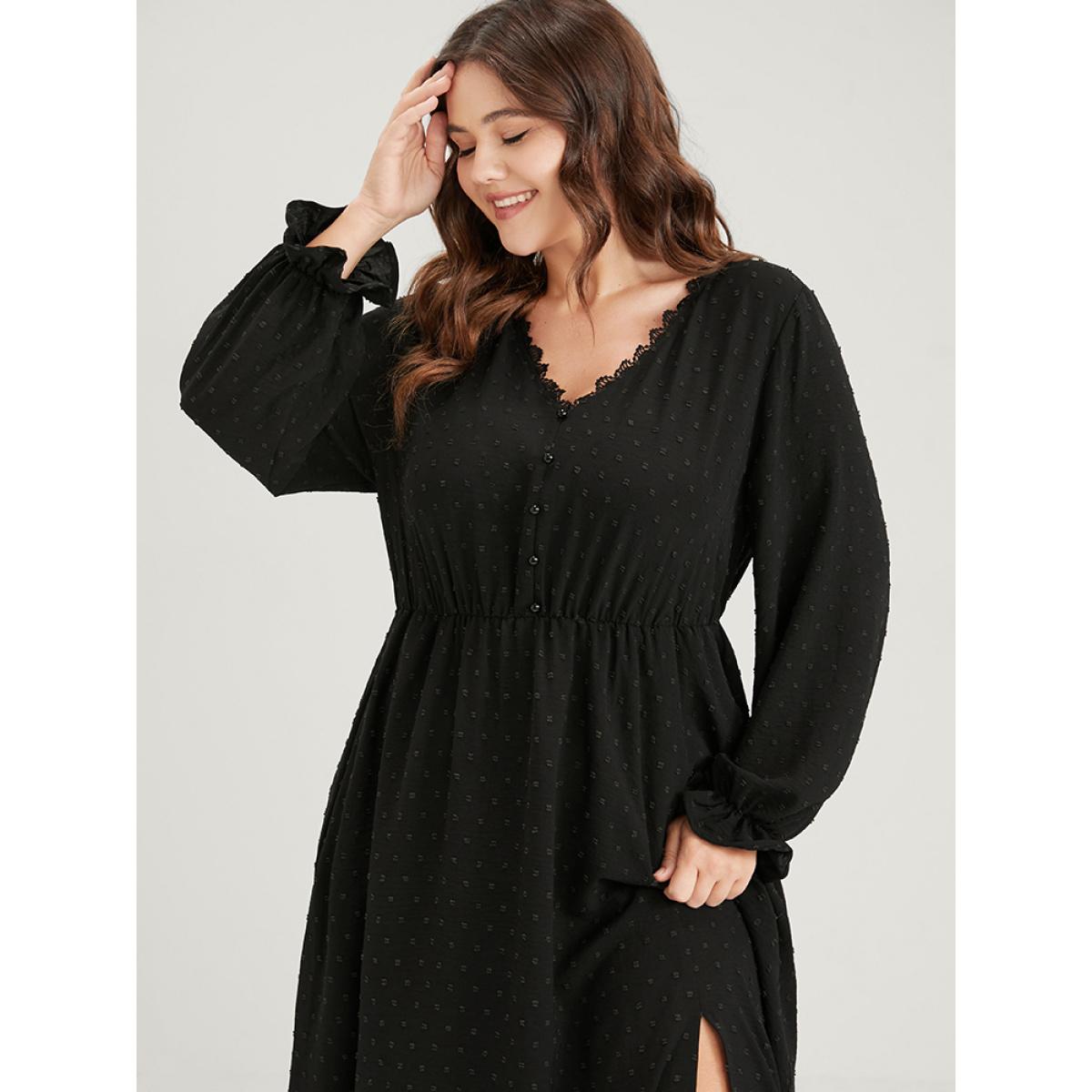 Plus Size Solid Pocket Button Lantern Sleeve Lace Trim Split Maxi Dress Black Women Elegant Gathered V-neck Long Sleeve Curvy Long Dress BloomChic 30/6X Product Image
