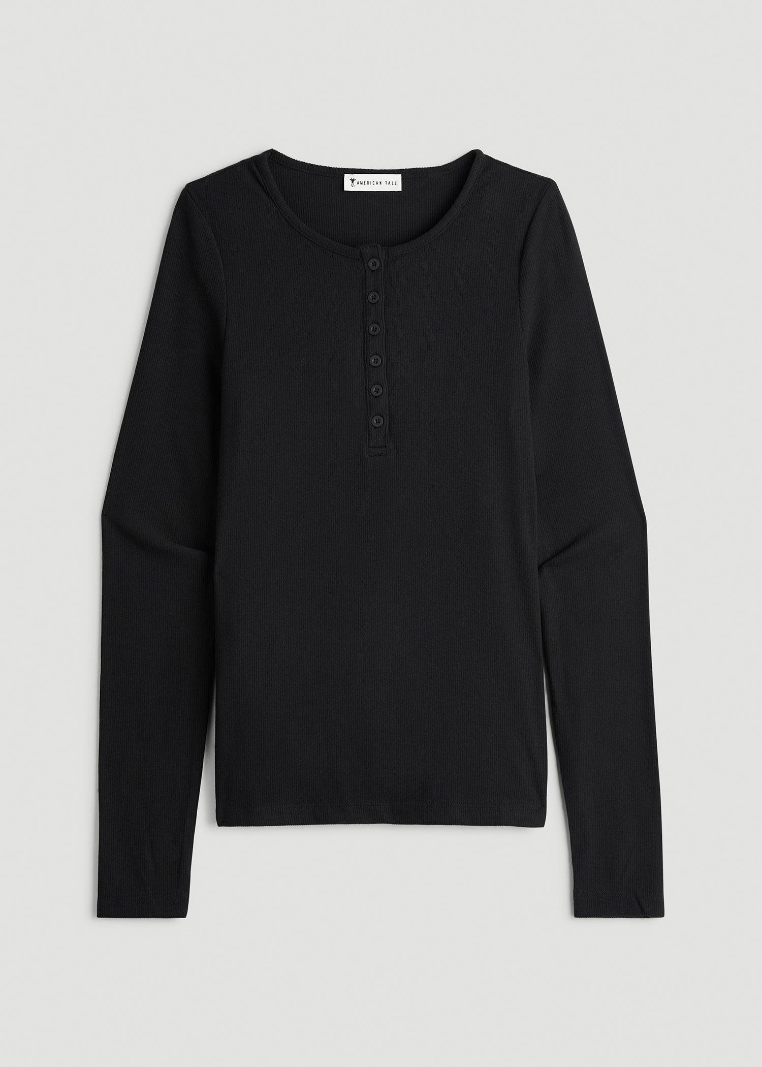 Long Sleeve Ribbed Crewneck Henley Shirt for Tall Women in Black Female Product Image