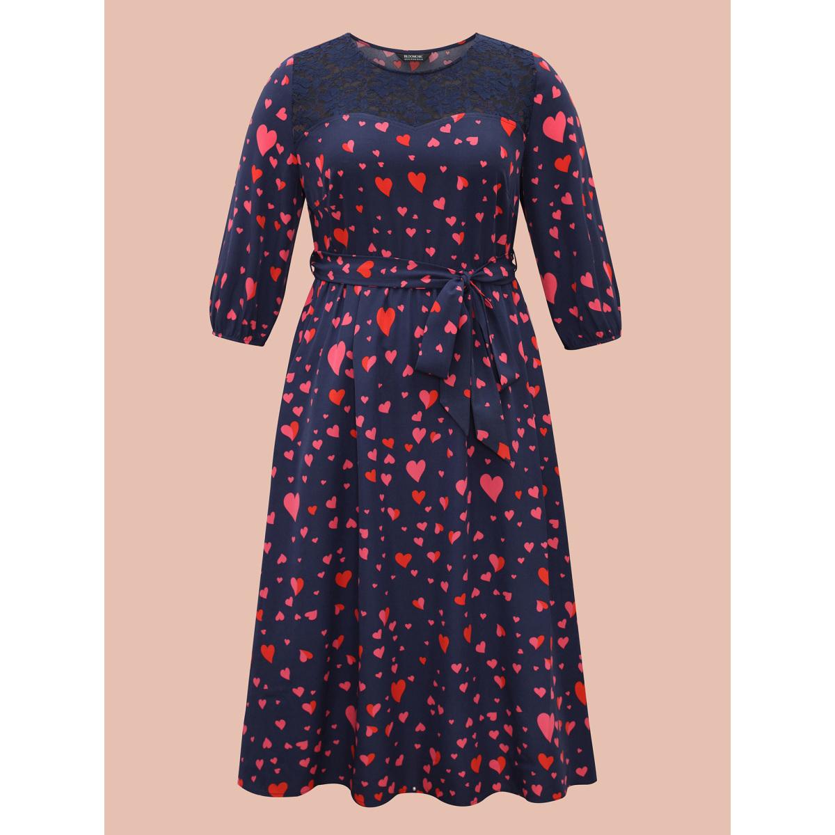 Plus Size Lace Insert Heart Print Waist-Tie Dress DarkBlue Women Elegant Woven ribbon&lace trim Round Neck Elbow-length sleeve Curvy BloomChic 10/M Product Image