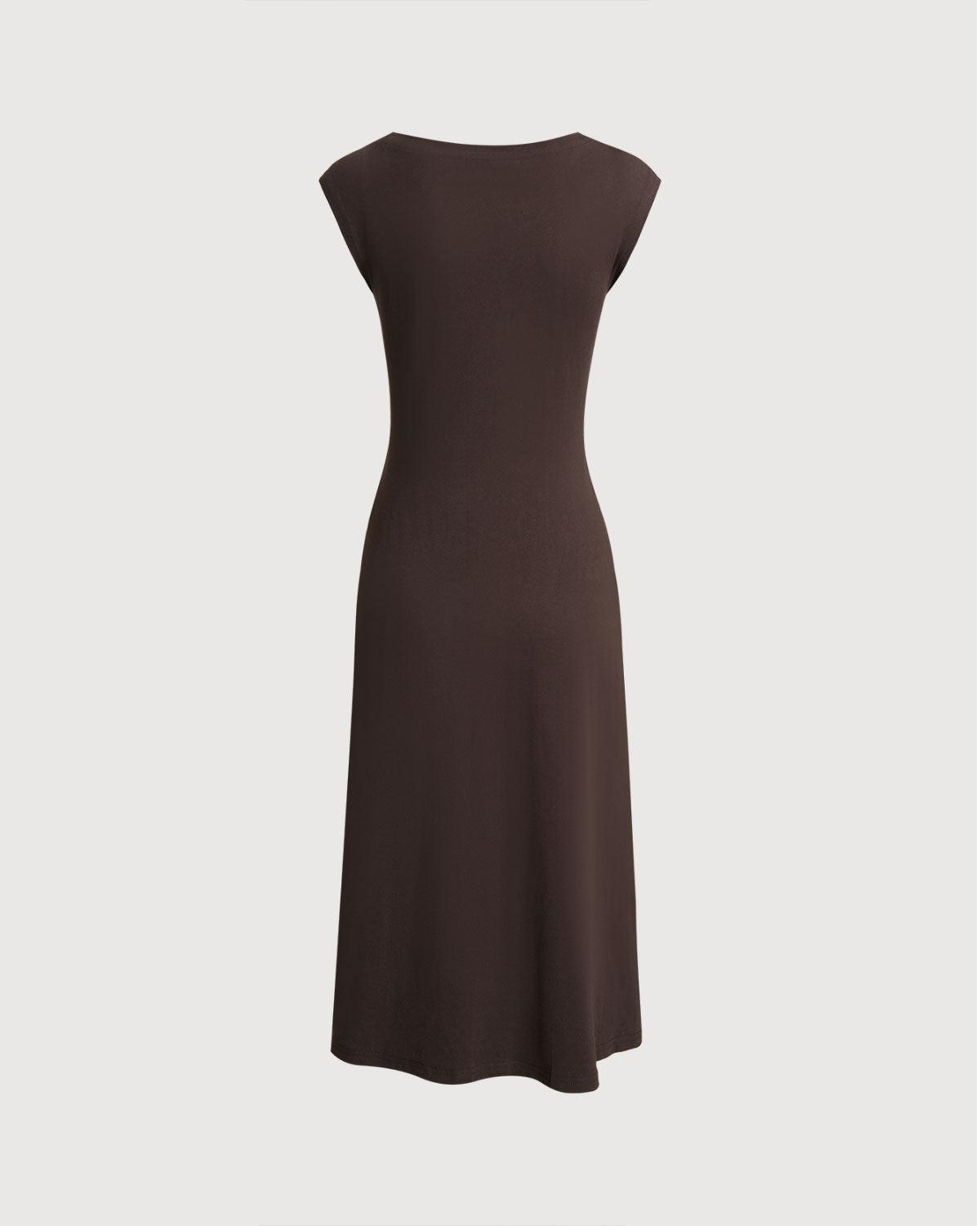 Brown Boat Neck Cap Sleeve Midi Dress Product Image
