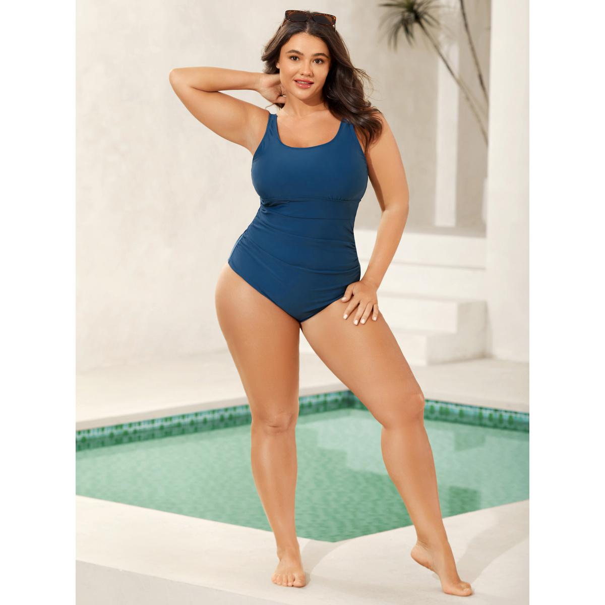 Plus Size Ruched Solid One-Piece Swimsuit Women's Swimwear Aegean Resort Gathered Curve Bathing Suits High stretch One Pieces BloomChic 14-16/1X Product Image
