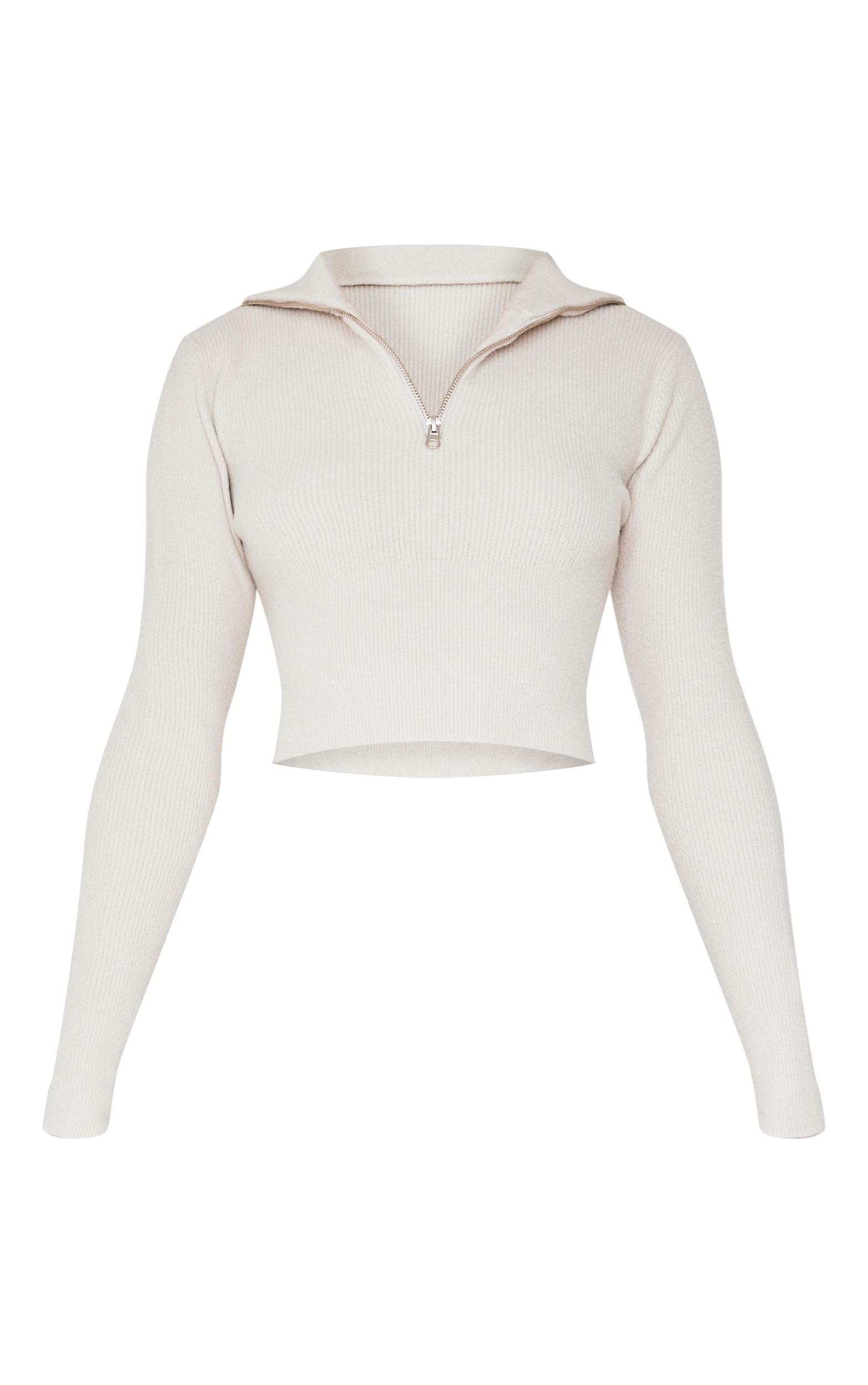 Slate Grey Soft Knit Zip Up Roll Neck Cropped Sweater Product Image