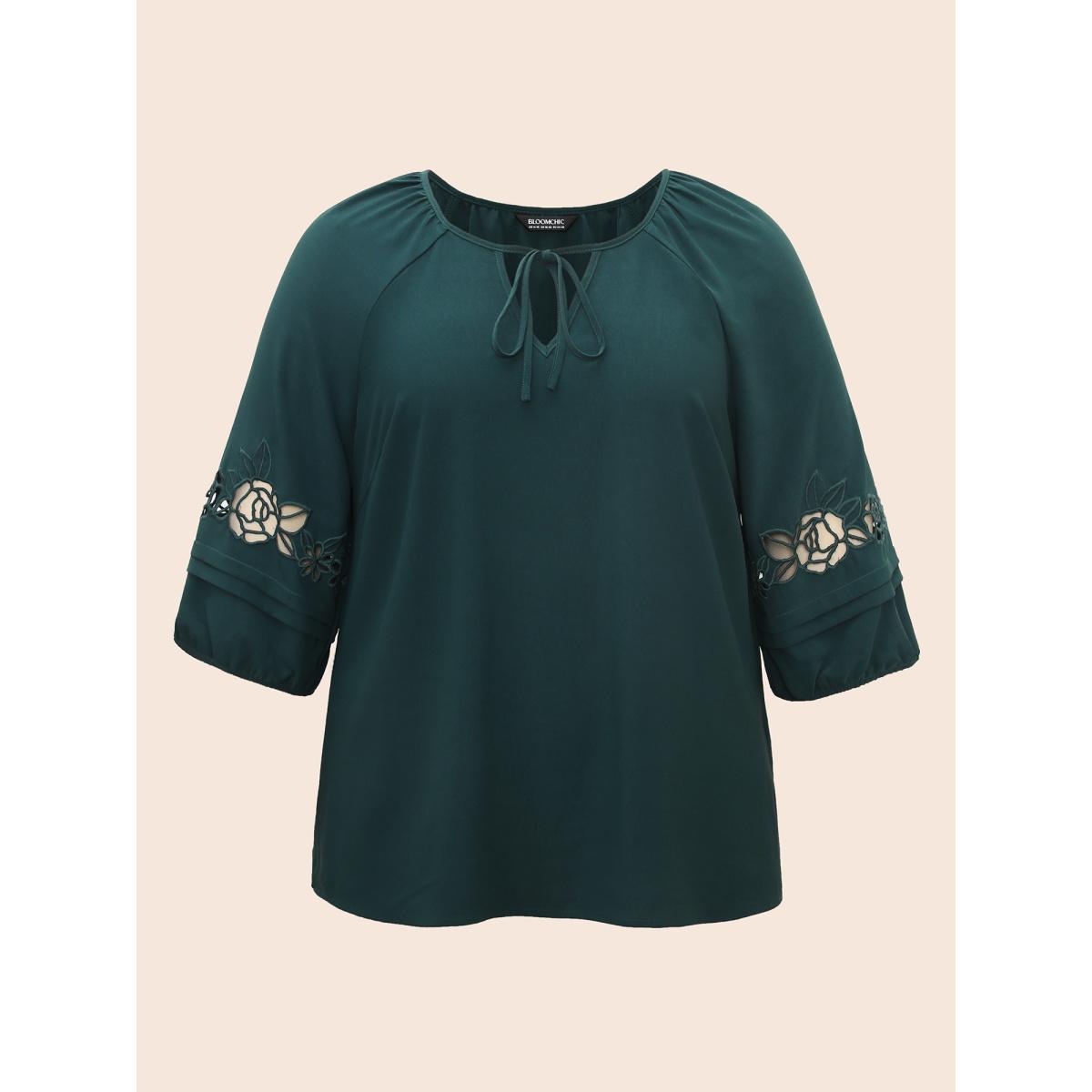 Plus Size DarkGreen Broderie Anglaise Gathered Tie Knot Blouse Women Elegant Elbow-length sleeve V-neck Everyday Blouses BloomChic 18-20/2X Product Image