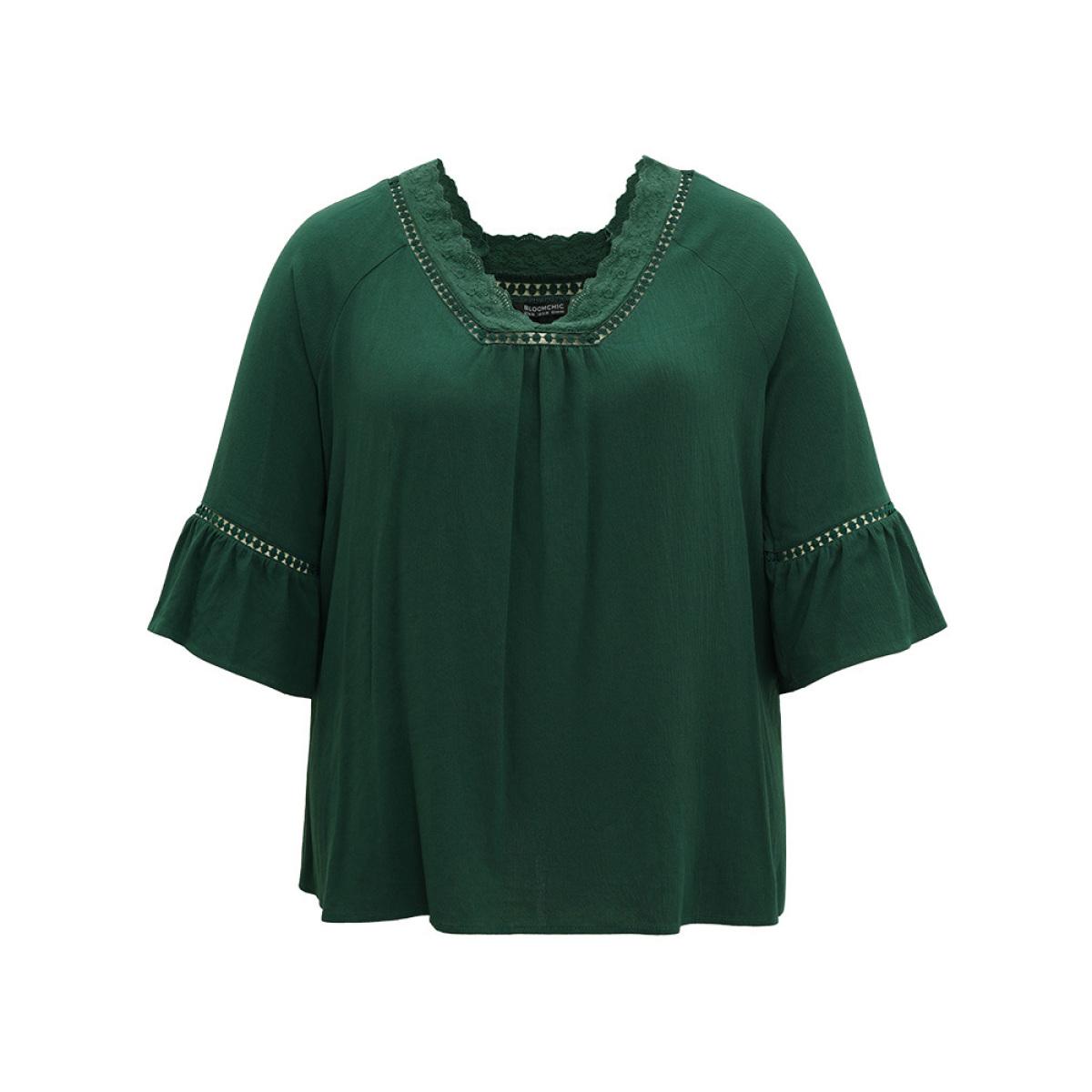 Plus Size Emerald Lace Panel Hollow Out Bell Sleeve Blouse Women Elegant Elbow-length sleeve V-neck Everyday Blouses BloomChic 30/6X Product Image