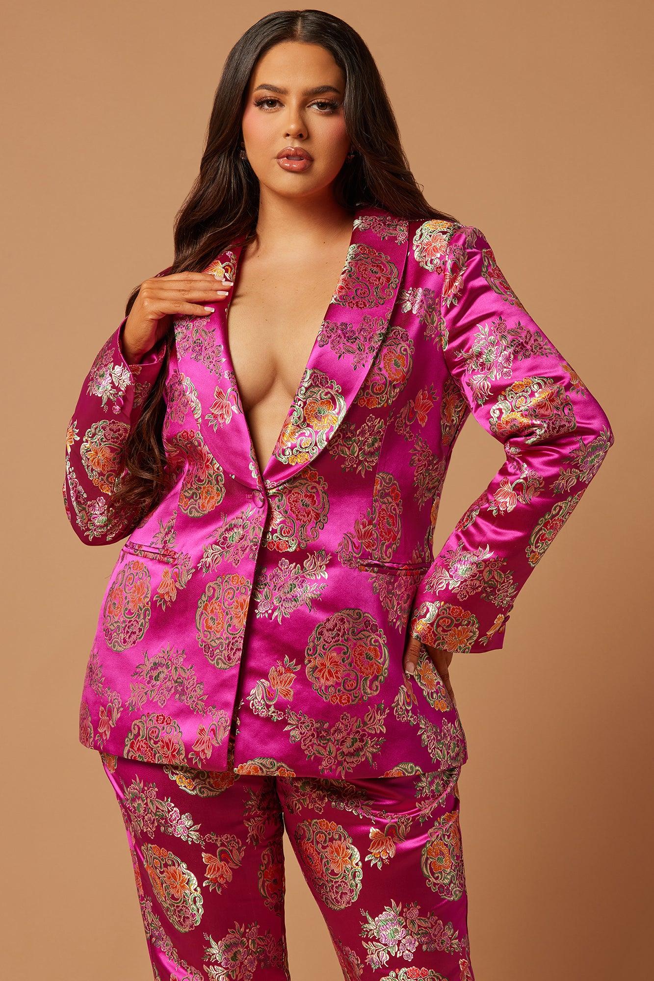 Margo Satin Embroidered Blazer Suit Set - Fuchsia Product Image