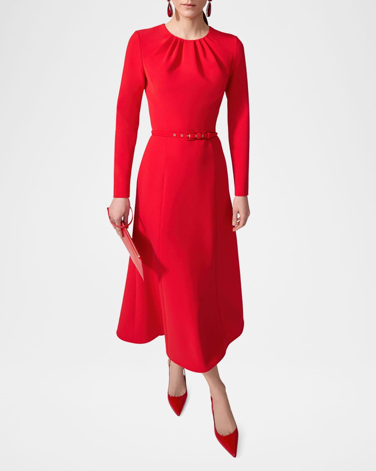 Gathered Neck Belted Long-Sleeve Midi Dress Product Image