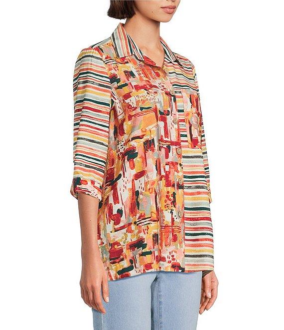 Multiples Petite Size Woven Multi Print Point Collar 3/4 Sleeve Button Front Fitted Shirt Product Image