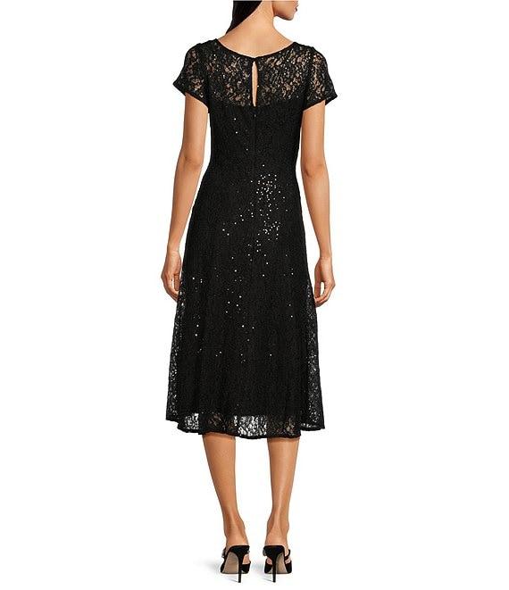 Ignite Evenings Round Neck Short Sleeve Sequin Lace Midi Dress Product Image