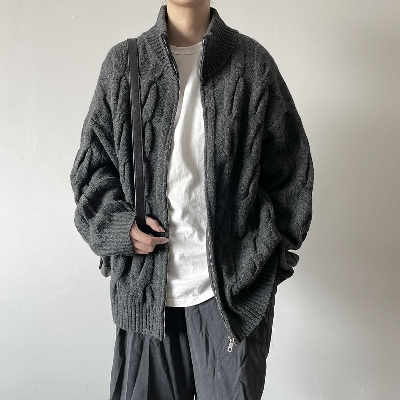 Stand Collar Plain Cable Knit Zip Cardigan Product Image