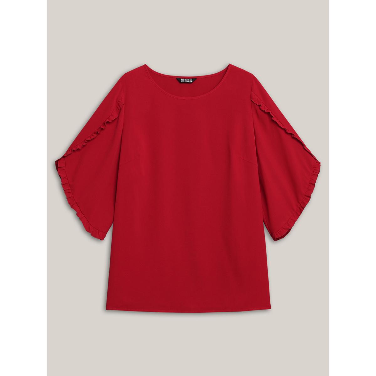 Plus Size Crimson Ruffled Bud Sleeve Round Neck Shirt Women Elegant Elbow-length sleeve Round Neck Everyday Blouses BloomChic 14-16/1X Product Image