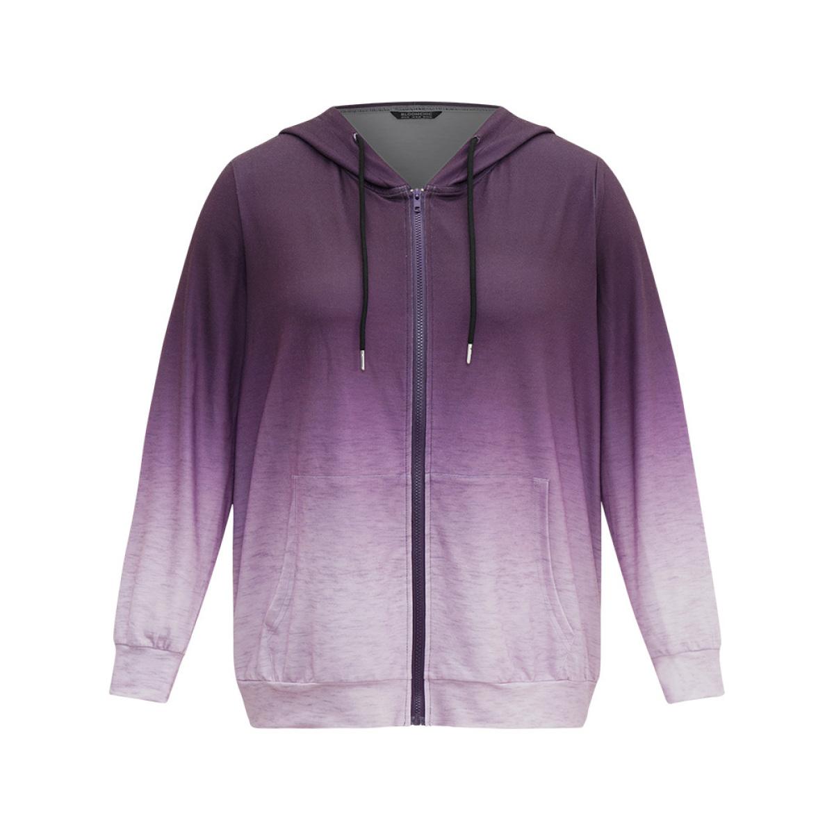Plus Size Ombre Hooded Zipper Drawstring Sweatshirt Women Purple Casual Zipper Hooded Everyday Sweatshirts BloomChic 26/4X Product Image