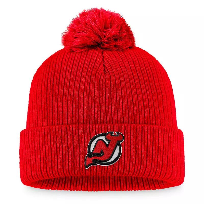 Men's Fanatics Branded Red New Jersey Devils Core Primary Logo Cuffed Knit Hat with Pom, Nhl Red Product Image