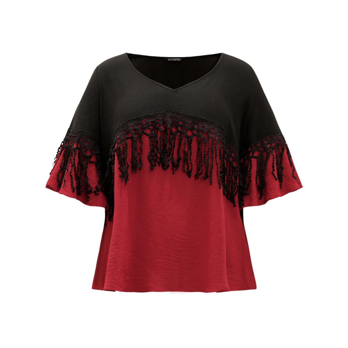 Plus Size Black Halloween Two Tone Fringe Trim Patchwork Blouse Women Elegant Short sleeve V-neck Festival-Halloween Blouses BloomChic 22-24/3X Product Image