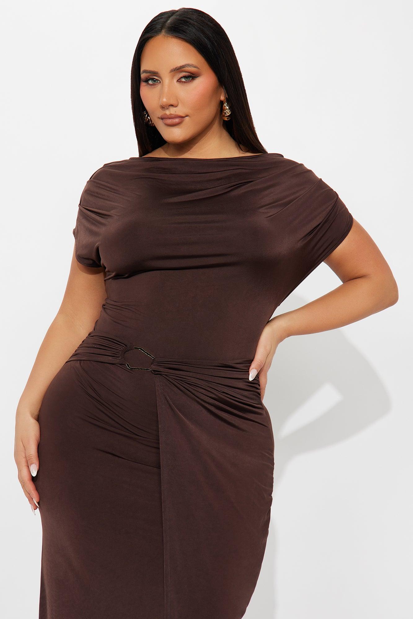 Zavala Off Shoulder Midi Dress - Brown Product Image