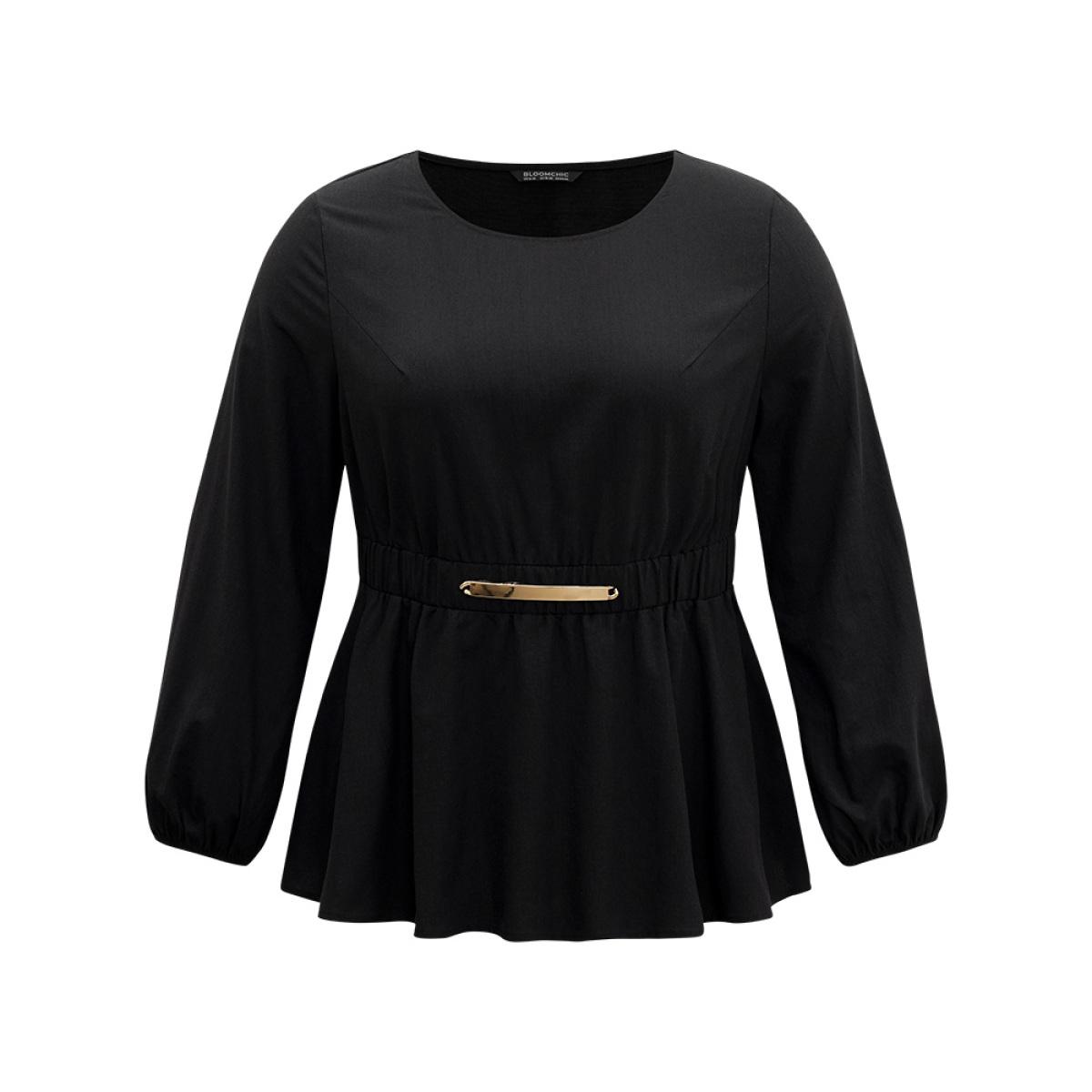 Plus Size Black Cotton Solid Metal Detail Lantern Sleeve Blouse Women Office Long Sleeve Round Neck Work Blouses BloomChic 26/4X Product Image