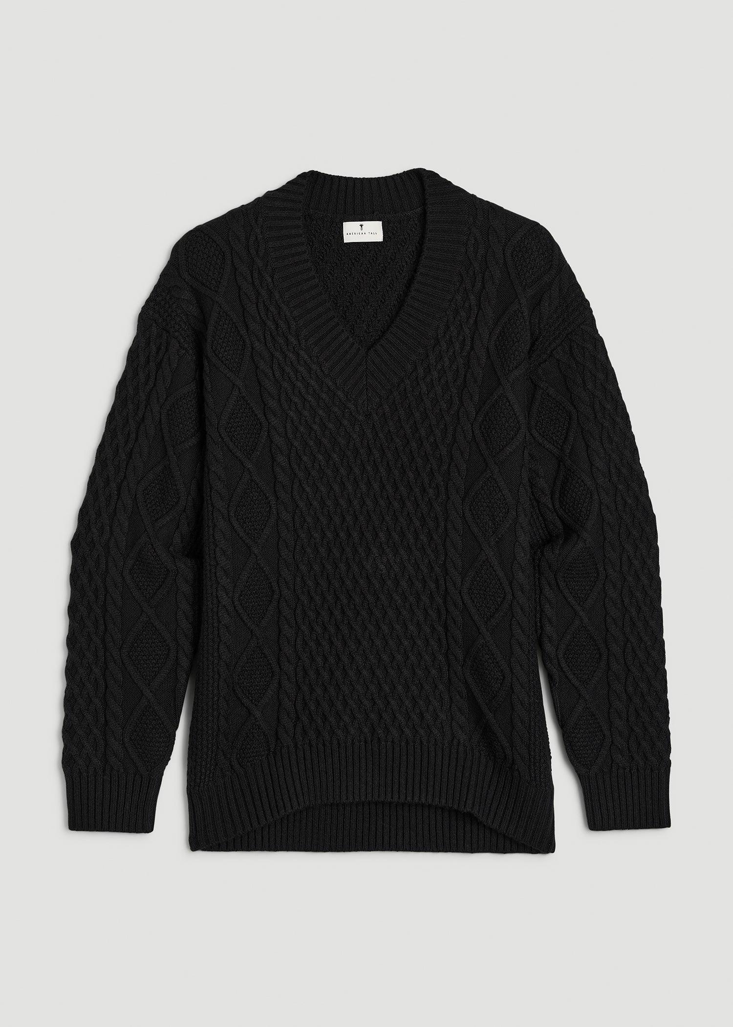 V-Neck Cashmere Blend Cable Knit Sweater for Tall Women in Black Female Product Image