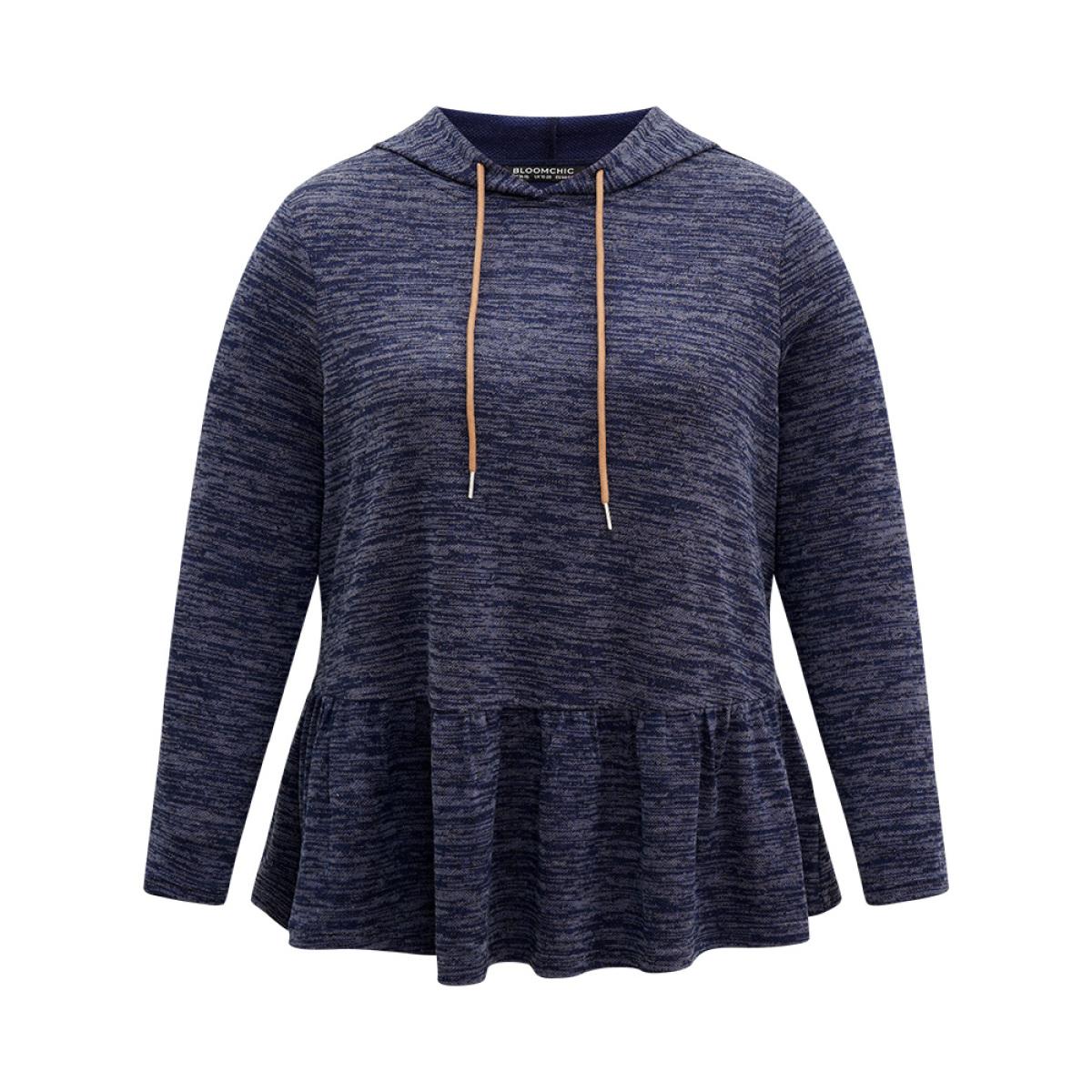 Plus Size Solid Heather Hooded Flutter Hem Gathered Sweatshirt Women DarkBlue Casual Contrast Hooded Dailywear Sweatshirts BloomChic 14-16/1X Product Image