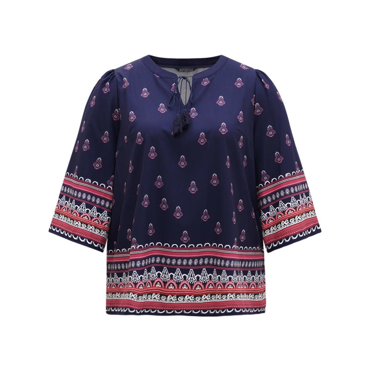 Plus Size Indigo Boho Print Tie Neck Tassel Trim Blouse Women Vacation Elbow-length sleeve V-neck Vacation Blouses BloomChic 14-16/1X Product Image