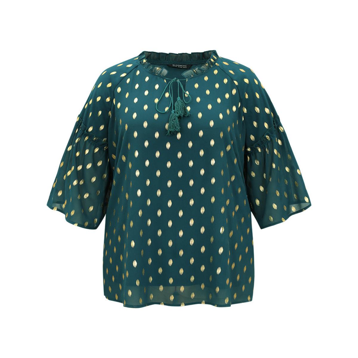 Plus Size Cyan Geo Glitter Tassels Ties Blouse Women Glamour Elbow-length sleeve Tie Neck Going out Blouses BloomChic 18-20/2X Product Image