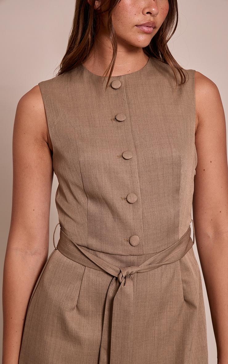 Taupe Woven Button Tie Belt Wide Leg Jumpsuit Product Image
