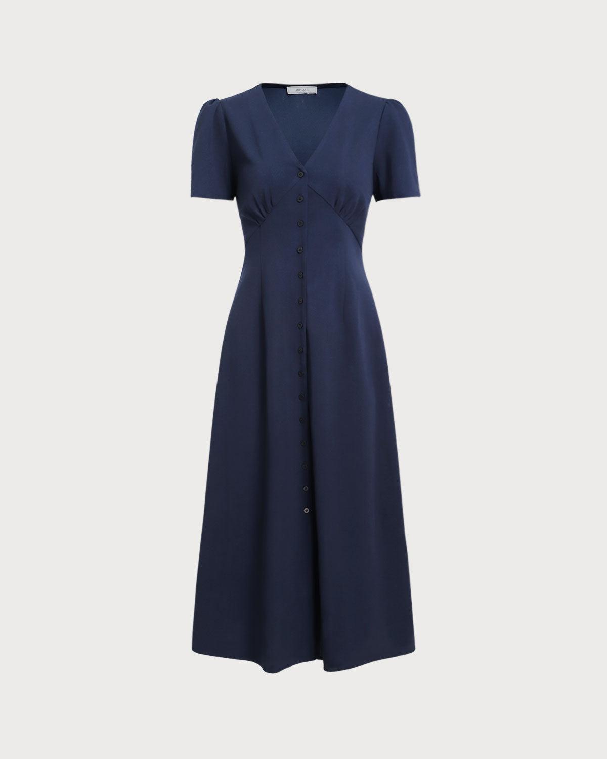 Blue V Neck Button Pleated Midi Dress Product Image