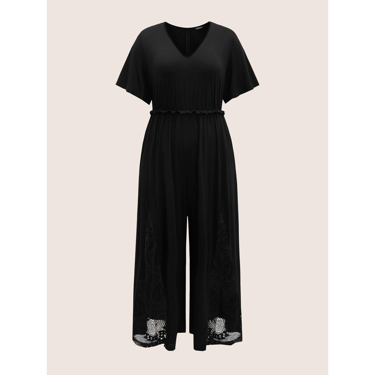 Plus Size Black V Neck Lace Panel Frill Trim Jumpsuit Women Resort Short sleeve V-neck Vacation Loose Jumpsuits BloomChic 26/4X Product Image