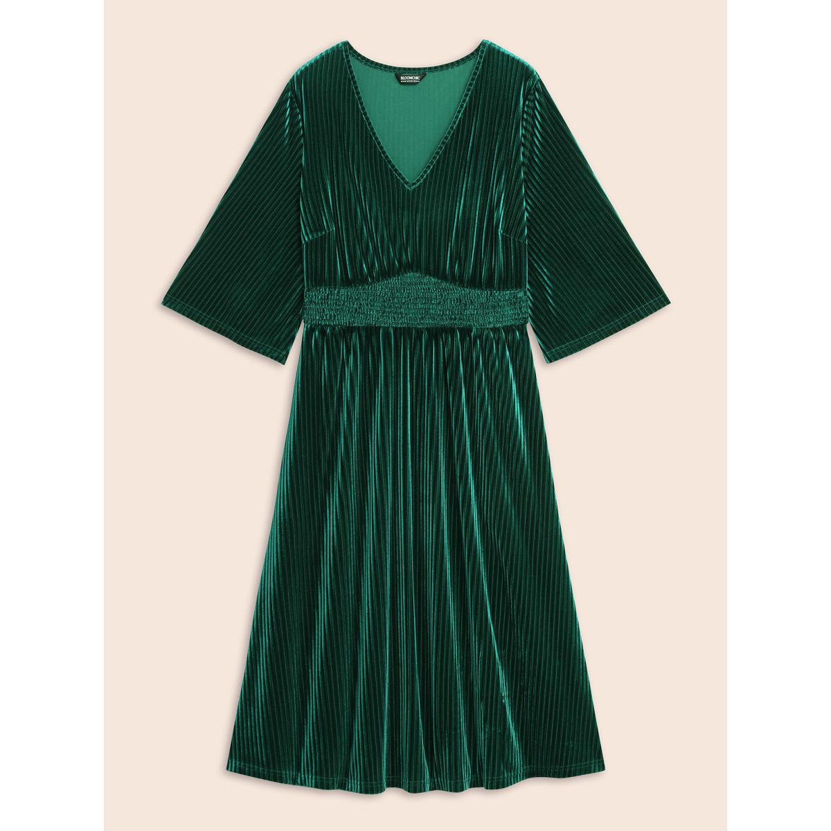 Plus Size Velvet V-neck Ruched Skirt Midi Dress Cyan Women Cocktail Texture Party Curvy Bloomchic 10/M Product Image