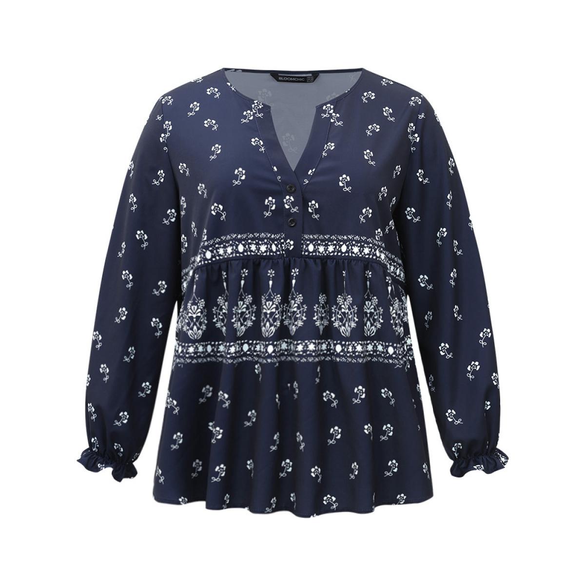 Plus Size Indigo Bandana Print Flutter Trim Blouse Women Resort Long Sleeve V-neck Vacation Blouses BloomChic 14-16/1X Product Image