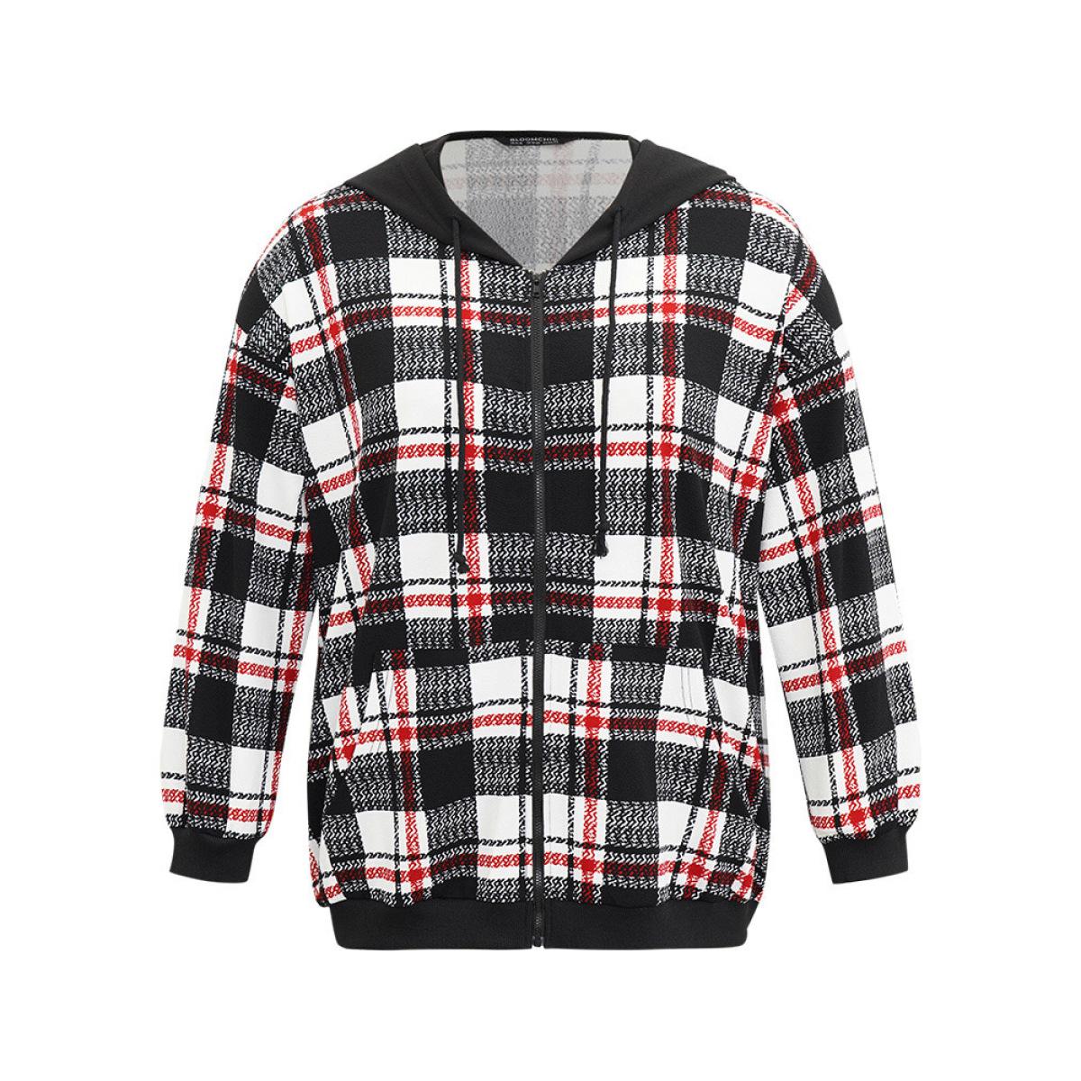 Plus Size Plaid Hooded Drawstring Zipper Sweatshirt Women Black Casual Elastic cuffs Hooded Dailywear Sweatshirts BloomChic 14-16/1X Product Image