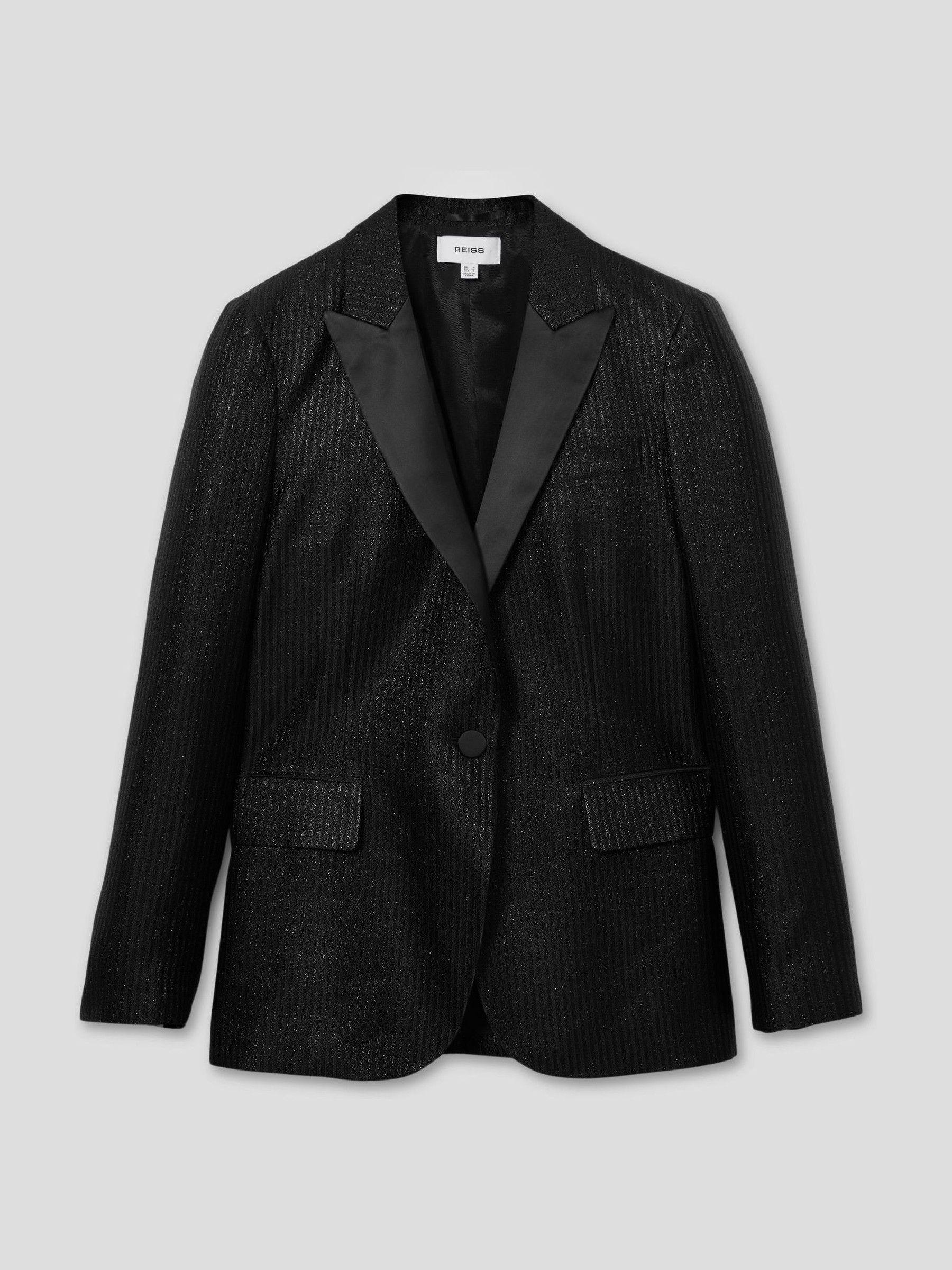 Single-Breasted Lamé-Stripe Tuxedo Jacket in Black Product Image