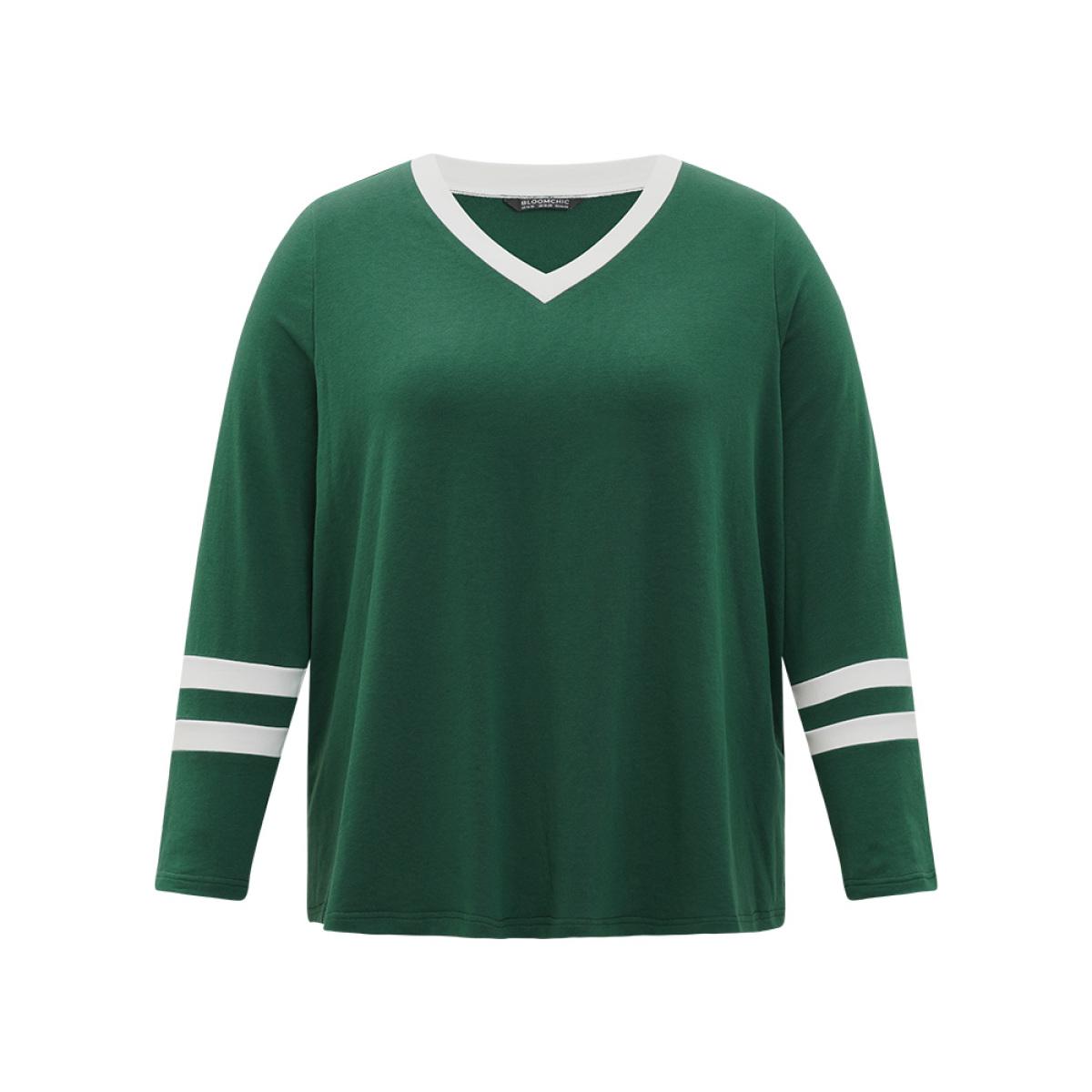 Plus Size Striped Contrast V Neck Sweatshirt Women Green Casual Contrast V-neck Dailywear Sweatshirts BloomChic 10/M Product Image