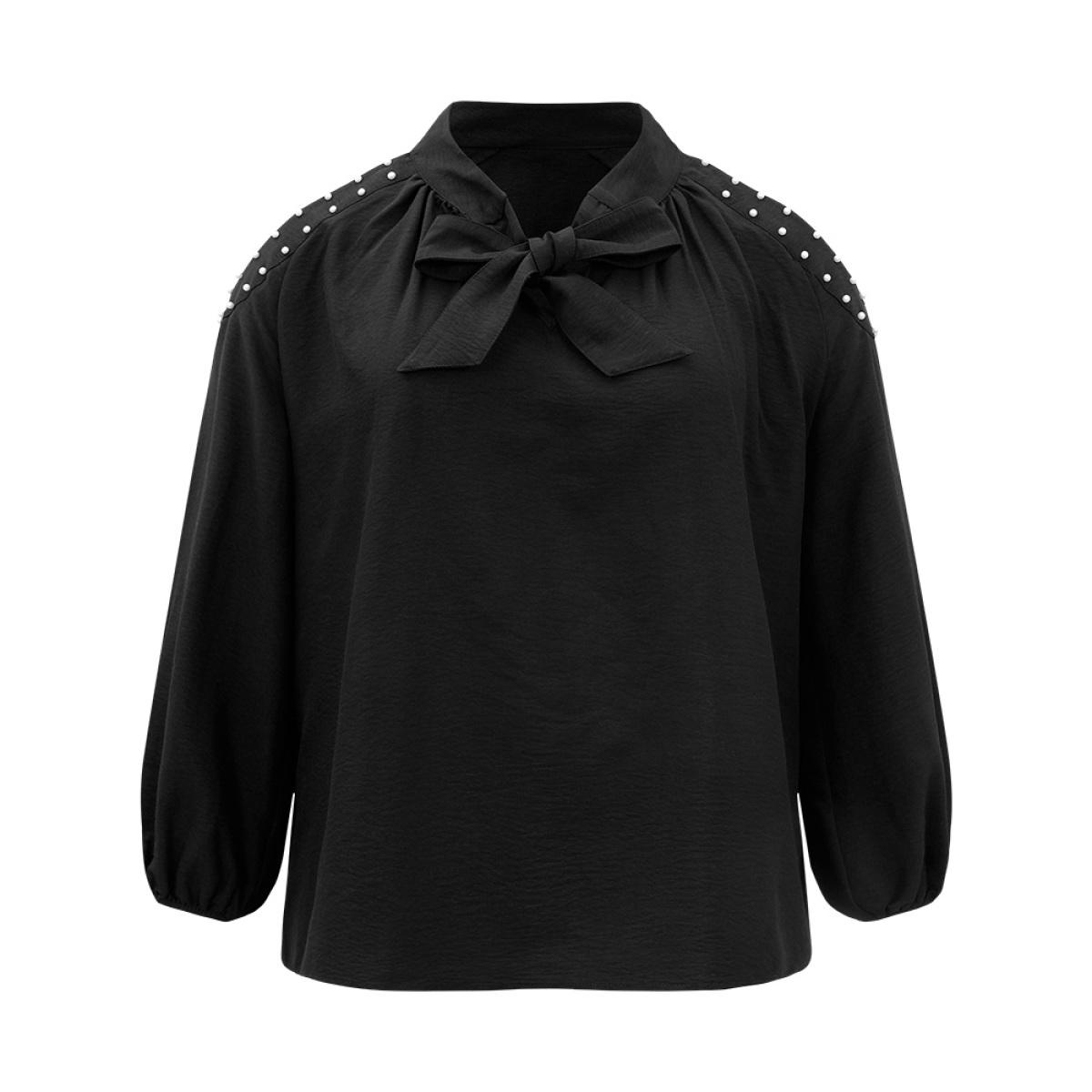Plus Size Black Pearl Beaded Cold Shoulder Keyhole Bowknot Blouse Women Glamour Long Sleeve Cold Shoulder Going out Blouses BloomChic 30/6X Product Image