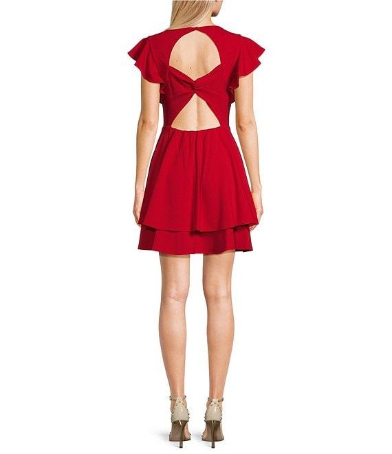 Next Up Short Flutter Sleeve V-Neck Back Twist Cut Out Loop And Button Solid Dress Product Image