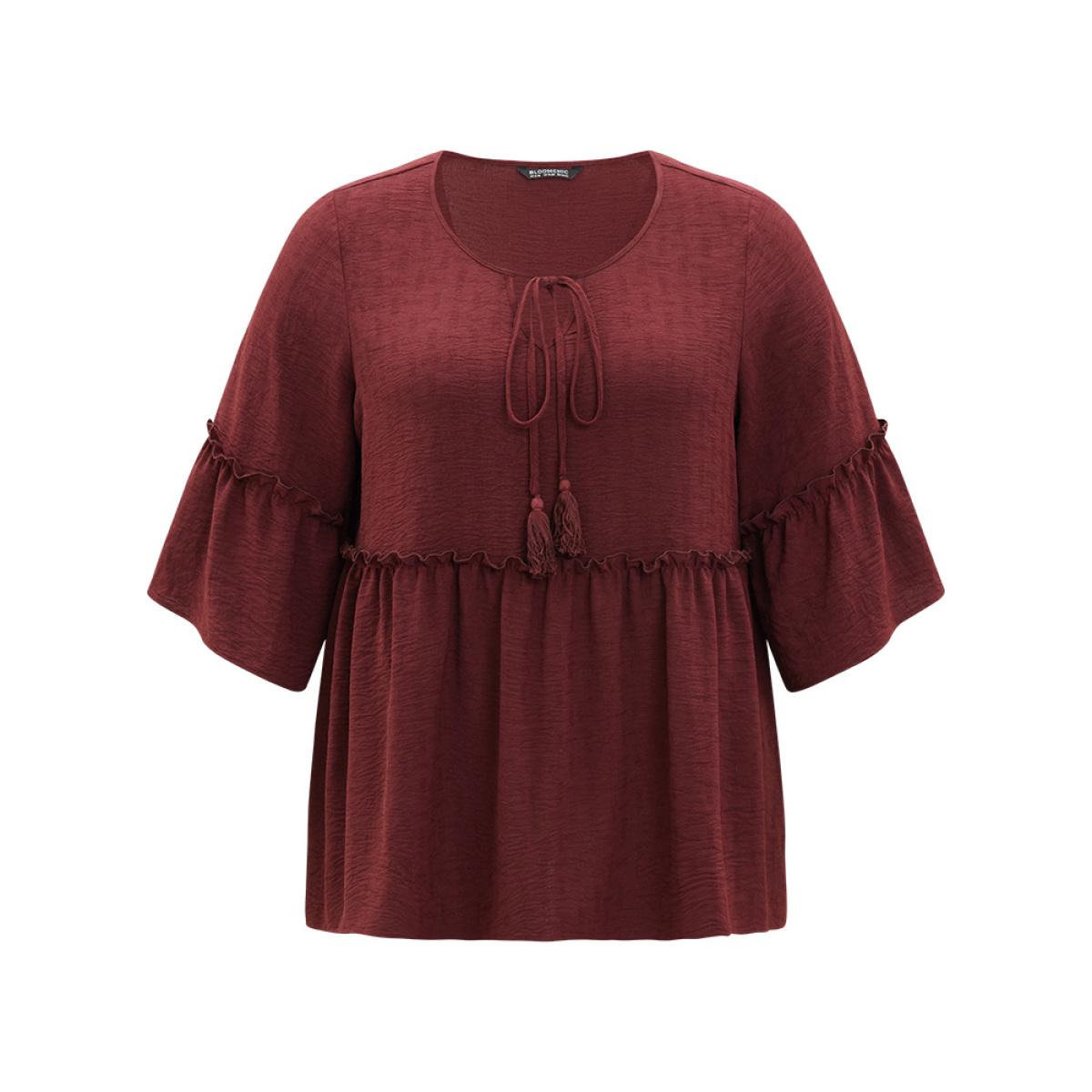 Plus Size Scarlet Plain V Neck Frill Trim Tassel Bell Hem Blouse Women Vacation Elbow-length sleeve V-neck Dailywear Blouses BloomChic 22-24/3X Product Image