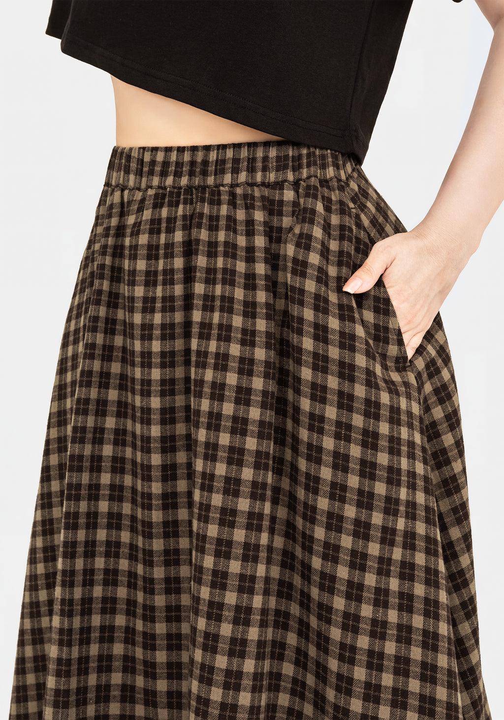 Terra Cotton Check Midi Skirt - Brown Product Image