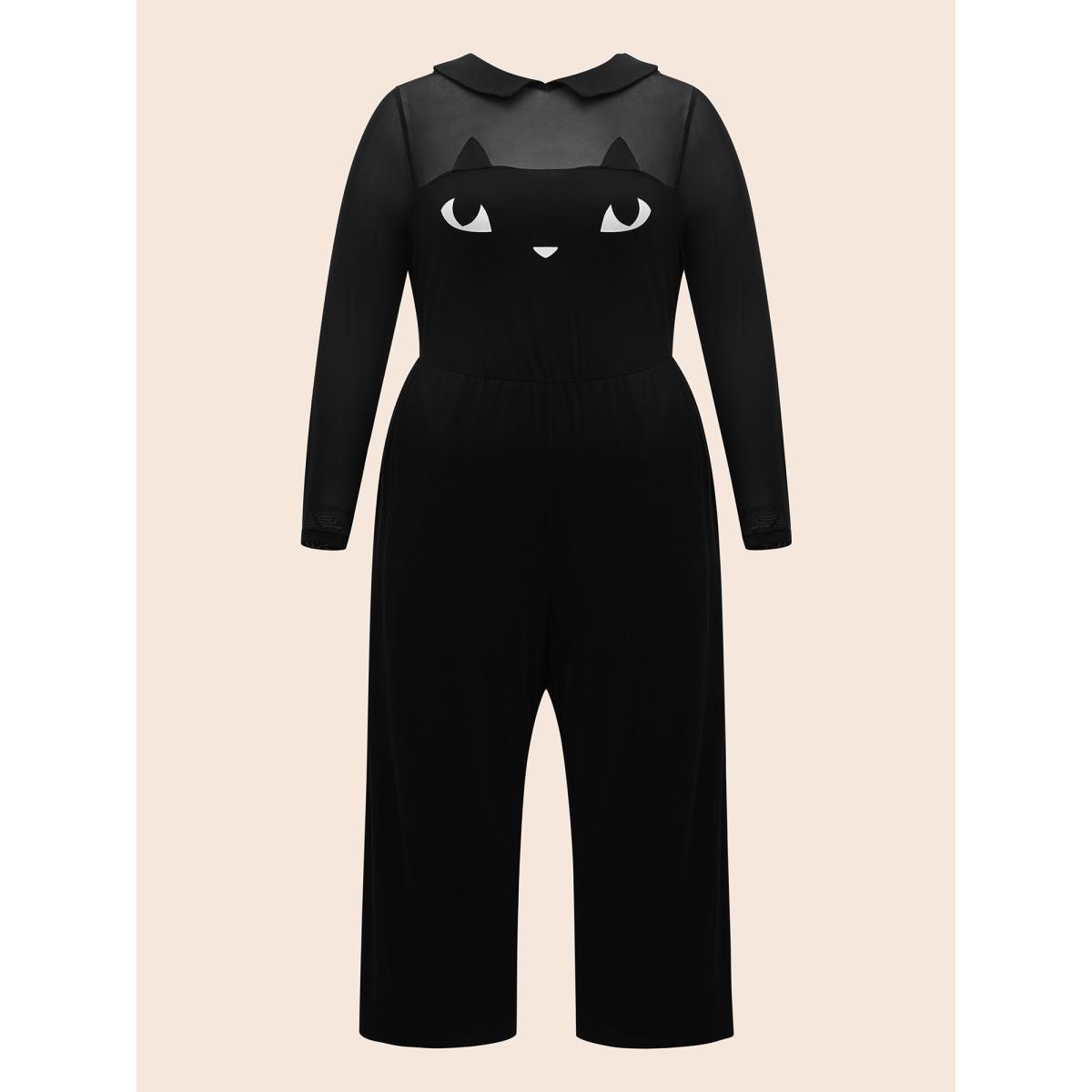 Plus Size Scarlet Stretch Fabric Spooky Cat Jumpsuit Women Playful Long Sleeve Round Neck Casual Loose Jumpsuits BloomChic 26/4X Product Image